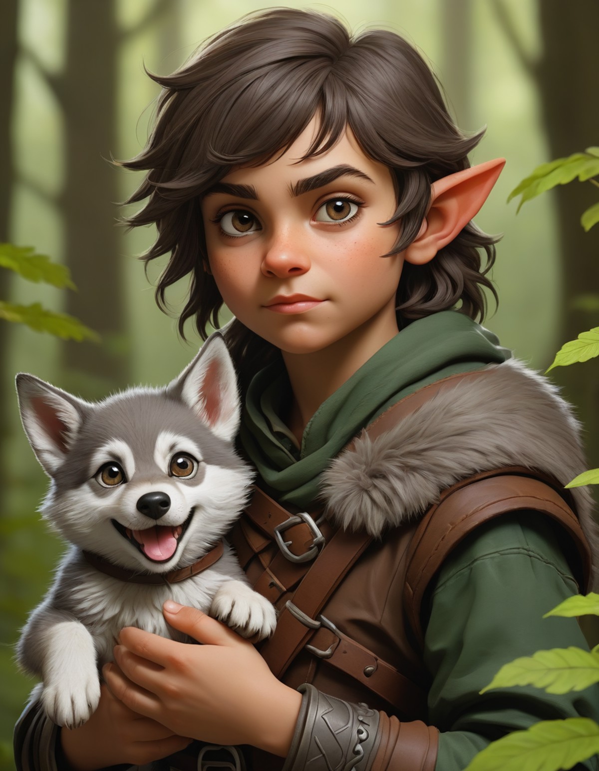 A fantasy portrait of a halfling rogue with a pet wolf cub, set against a forest backdrop, in the style of Erol Otus